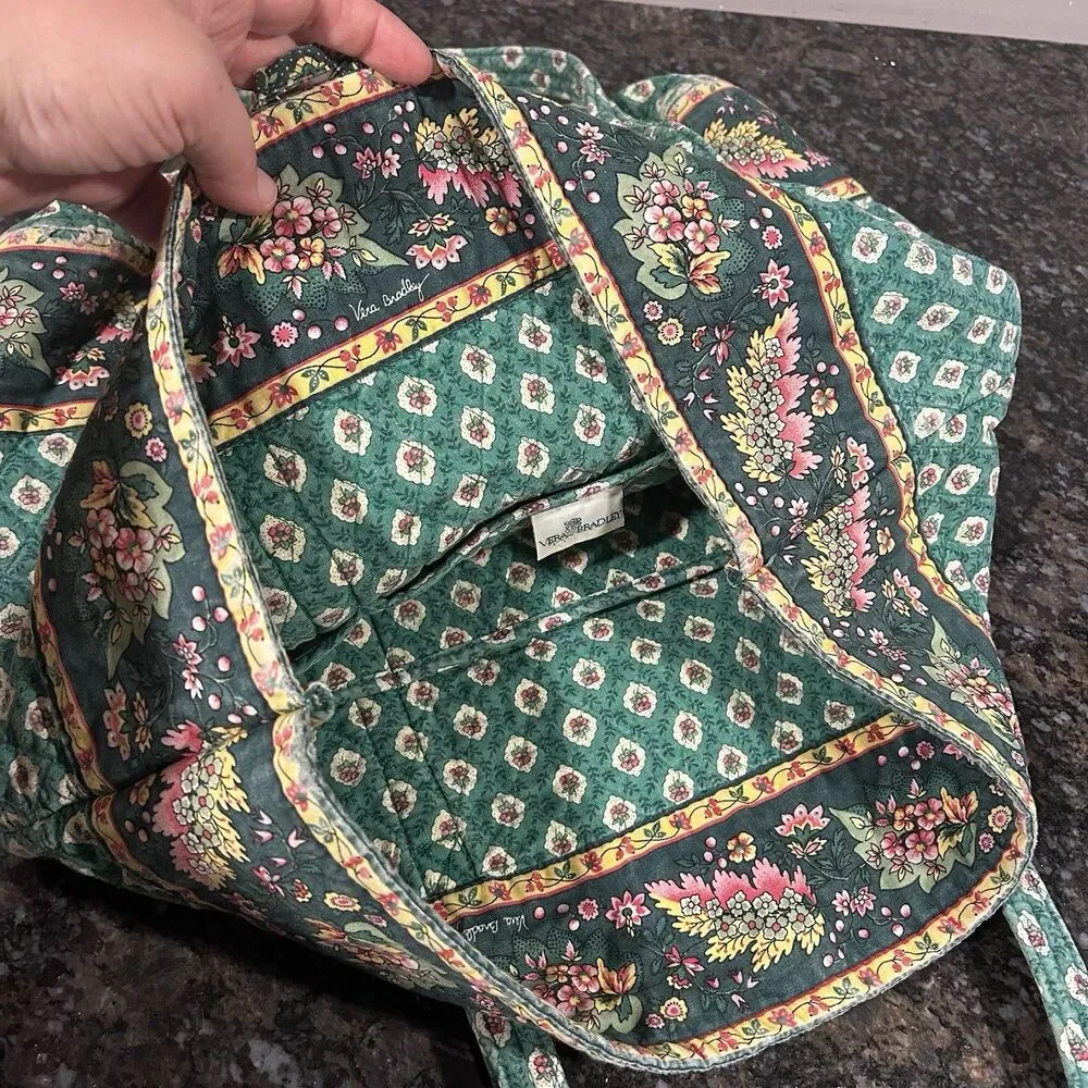 Vintage Vera Bradley Greenfield Quilted Large Tote Shoulder Bag Button close